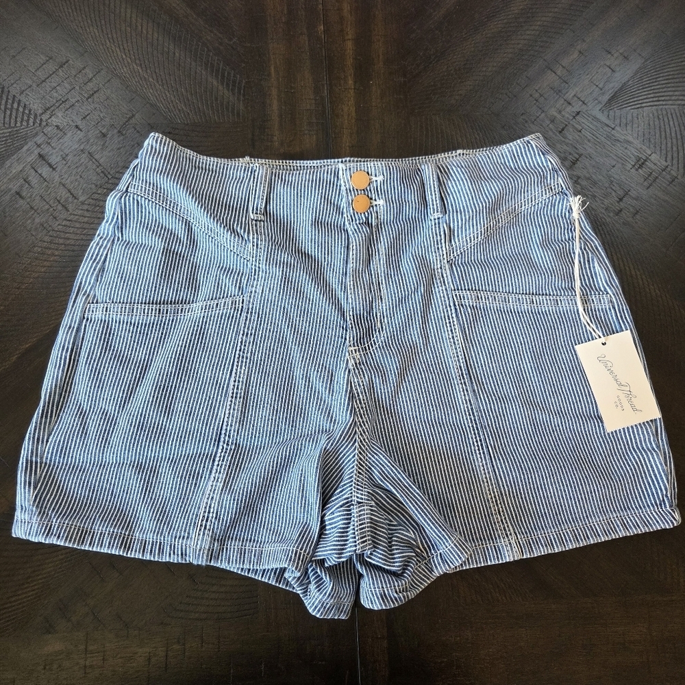 High Waist Striped Cotton Shorts - Blue